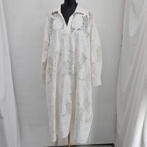 Natori White Floral Lace Long Sleeve Pullover Collared Dress Slip Size XL